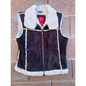 Faded Glory Womens Vest Small Brown Faux Suede Shearling Trim Full Zip Pocket